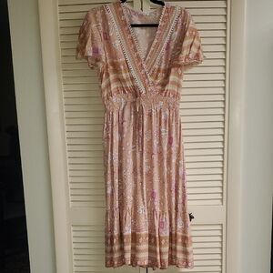 Blush Pink and Beige Floral V-Neck Midi Dress